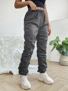 SHEIN PETITE Drawstring Waist Stacked Pants - Dark Grey - View 2