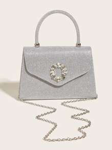 魅力四射金屬亮絲金光閃閃,亮片,奢華,發亮閃光水鑽裝飾翻蓋方包,完美新娘錢包適合婚禮,舞會和派對活動晚會包,晚餐包適合派對女孩,女士 - 銀色 - 查看 2