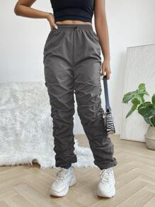 SHEIN PETITE Drawstring Waist Stacked Pants - Dark Grey - View 4