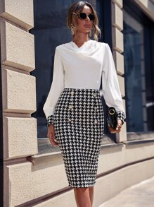 SHEIN Privé Houndstooth Print Split Back Bishop Sleeve Dress - White - View 1