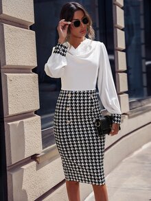 SHEIN Privé Houndstooth Print Split Back Bishop Sleeve Dress - White - View 3