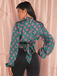 SHEIN BAE 滿版印花小高領燈籠袖上衣