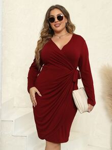 大碼側繫帶圍裹式連衣裙 - 酒紅色 - 查看 5