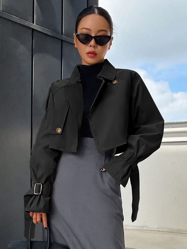 DAZY Buckle Raglan Sleeve Epaulettes Design Crop Trench Coat,Fall Clothes
