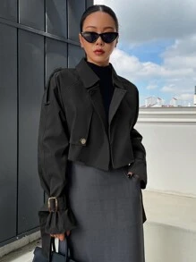 DAZY Buckle Raglan Sleeve Epaulettes Design Crop Trench Coat,Fall Clothes Women Jacket - Black - View 3