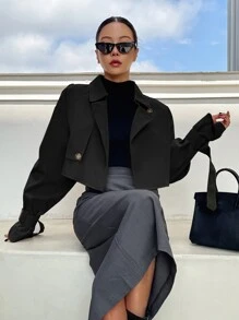 DAZY Buckle Raglan Sleeve Epaulettes Design Crop Trench Coat,Fall Clothes Women Jacket - Black - View 4