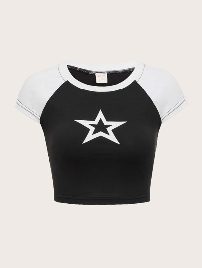 Grunge Punk Star Print Raglan Sleeve Tee