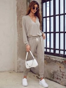 SHEIN LUNE 段染圍裹胸襟運動衫和衛褲 - 杏色 - 查看 4