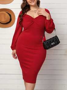 大碼前扭結雞心領口燈籠袖緊身連衣裙 - 紅色 - 查看 4