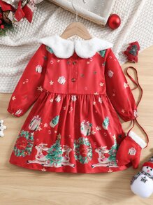 小女童聖誕圖案彼得潘領洋裝