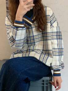 Plaid Print Drop Shoulder Sweatshirt - Multicolor - View 3
