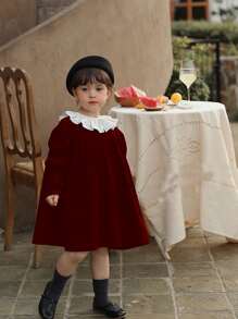 Toddler Girls Contrast Ruffle Trim Gathered Sleeve Cord Dress - Burgundy - View 1