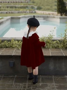 Toddler Girls Contrast Ruffle Trim Gathered Sleeve Cord Dress - Burgundy - View 2