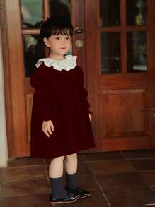 Toddler Girls Contrast Ruffle Trim Gathered Sleeve Cord Dress - Burgundy - View 3