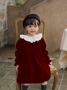 Toddler Girls Contrast Ruffle Trim Gathered Sleeve Cord Dress - Burgundy - View 4