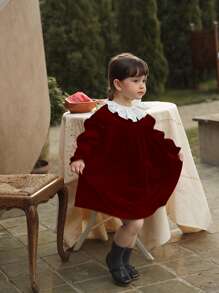 Toddler Girls Contrast Ruffle Trim Gathered Sleeve Cord Dress - Burgundy - View 7