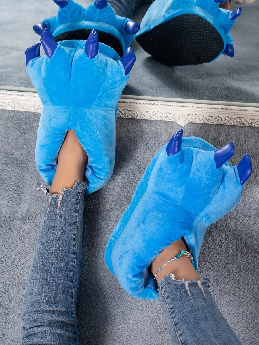 女士家居拖鞋趣味毛絨拖鞋大熊掌毛絨拖鞋冬季保暖鞋 - 藍色 - 查看 1