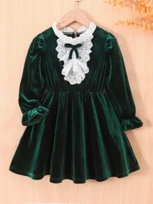 Toddler Girls Contrast Lace Flounce Sleeve Ruffle Trim Bow Front Dress - Dark Green - View 1