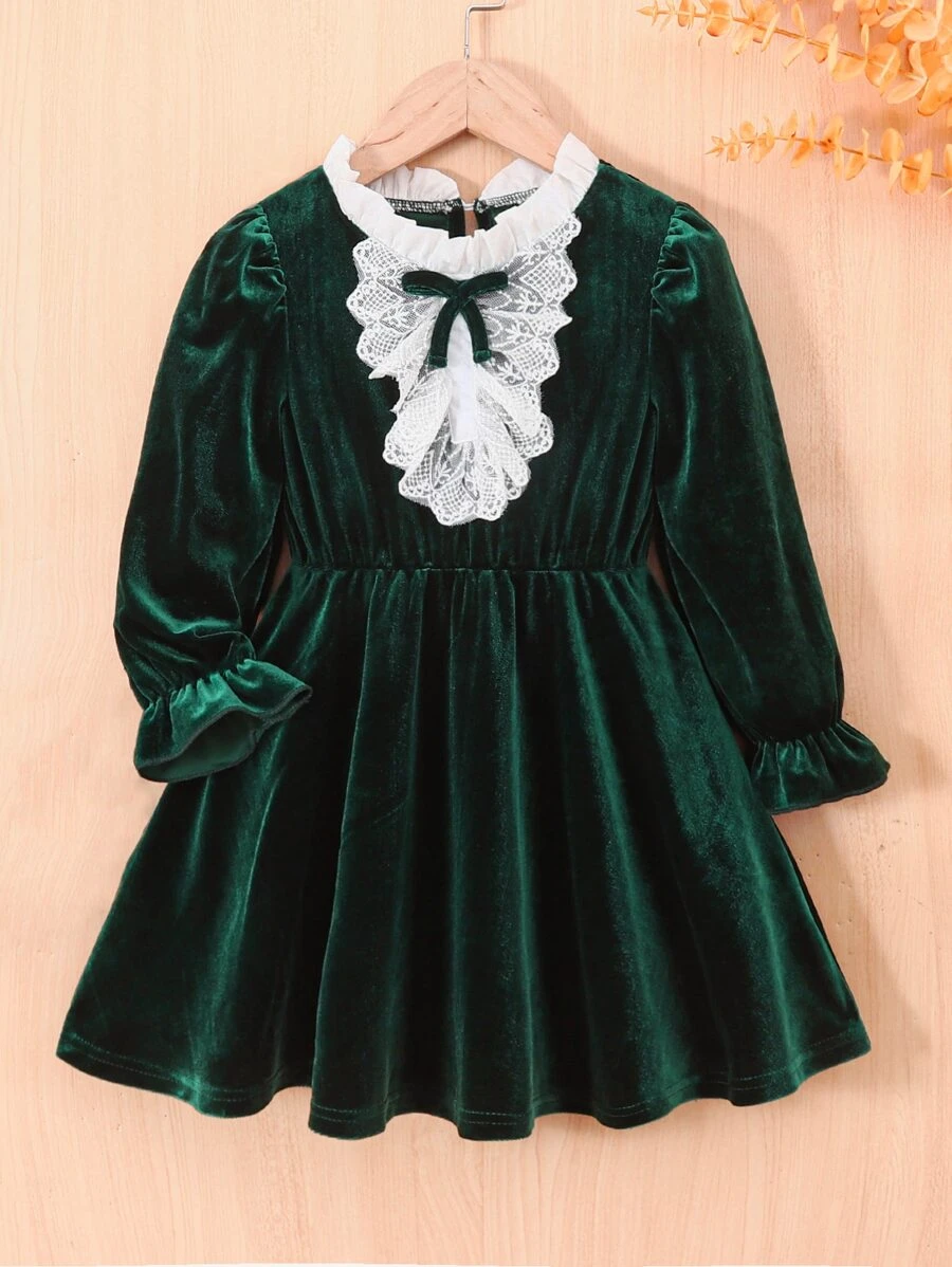 Toddler Girls Contrast Lace Flounce Sleeve Ruffle Trim Bow Front Dress - Dark Green - View 1