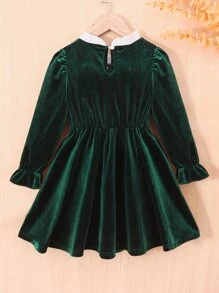 Toddler Girls Contrast Lace Flounce Sleeve Ruffle Trim Bow Front Dress - Dark Green - View 2