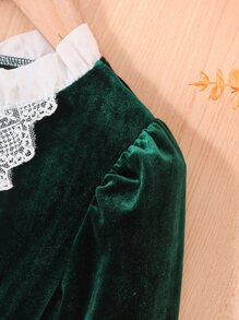 Toddler Girls Contrast Lace Flounce Sleeve Ruffle Trim Bow Front Dress - Dark Green - View 3