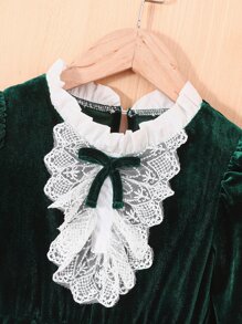 Toddler Girls Contrast Lace Flounce Sleeve Ruffle Trim Bow Front Dress - Dark Green - View 4