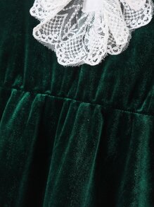 Toddler Girls Contrast Lace Flounce Sleeve Ruffle Trim Bow Front Dress - Dark Green - View 5
