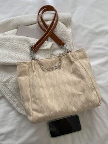 Bolso tote de hombro geométrico con textura de moda con diseño de cadena poliéster - Beis - Ver 4