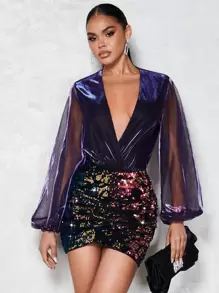 SHEIN BAE Christmas Ruched Sequin Bodycon Skirt - Multicolor - View 4