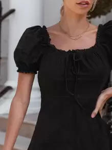 SHEIN Frenchy Puff Sleeve Knot Front Eyelet Embroidered Frill Trim Split Hem Dress