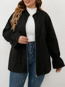 SHEIN Unity 大碼荷葉袖拉鏈開襟花呢外套 - 黑色 - 查看 1