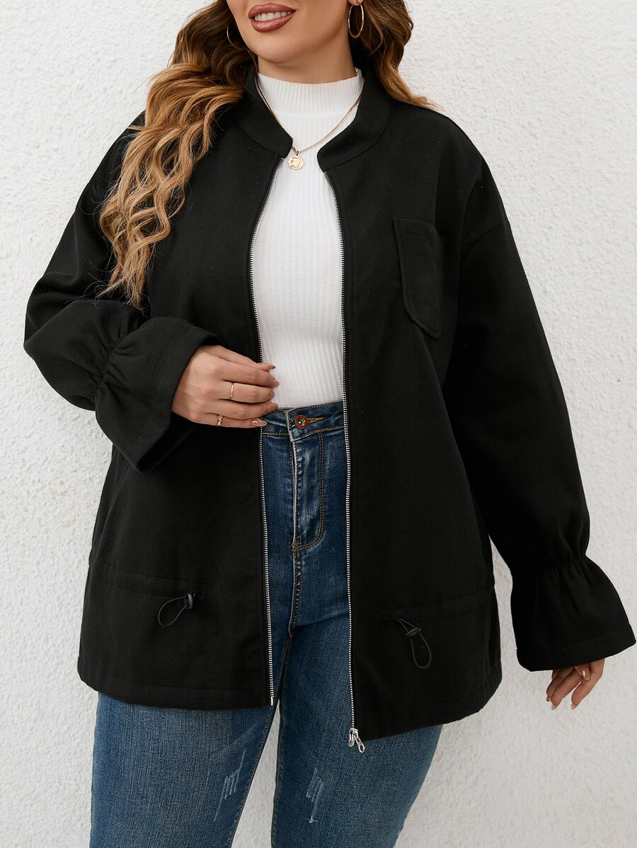 SHEIN Unity 大碼荷葉袖拉鏈開襟花呢外套 - 黑色 - 查看 1