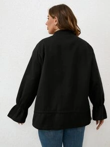 SHEIN Unity 大碼荷葉袖拉鏈開襟花呢外套 - 黑色 - 查看 2