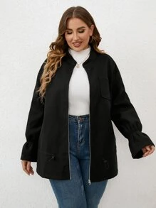 SHEIN Unity 大碼荷葉袖拉鏈開襟花呢外套 - 黑色 - 查看 3