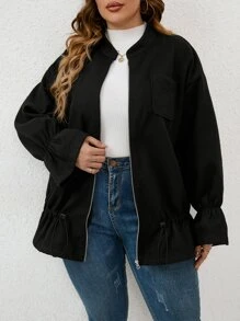 SHEIN Unity 大碼荷葉袖拉鏈開襟花呢外套 - 黑色 - 查看 4