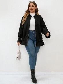 SHEIN Unity 大碼荷葉袖拉鏈開襟花呢外套 - 黑色 - 查看 5