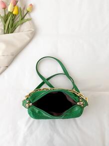 Letter Patch Decor Chain Hobo Bag - Green - View 3
