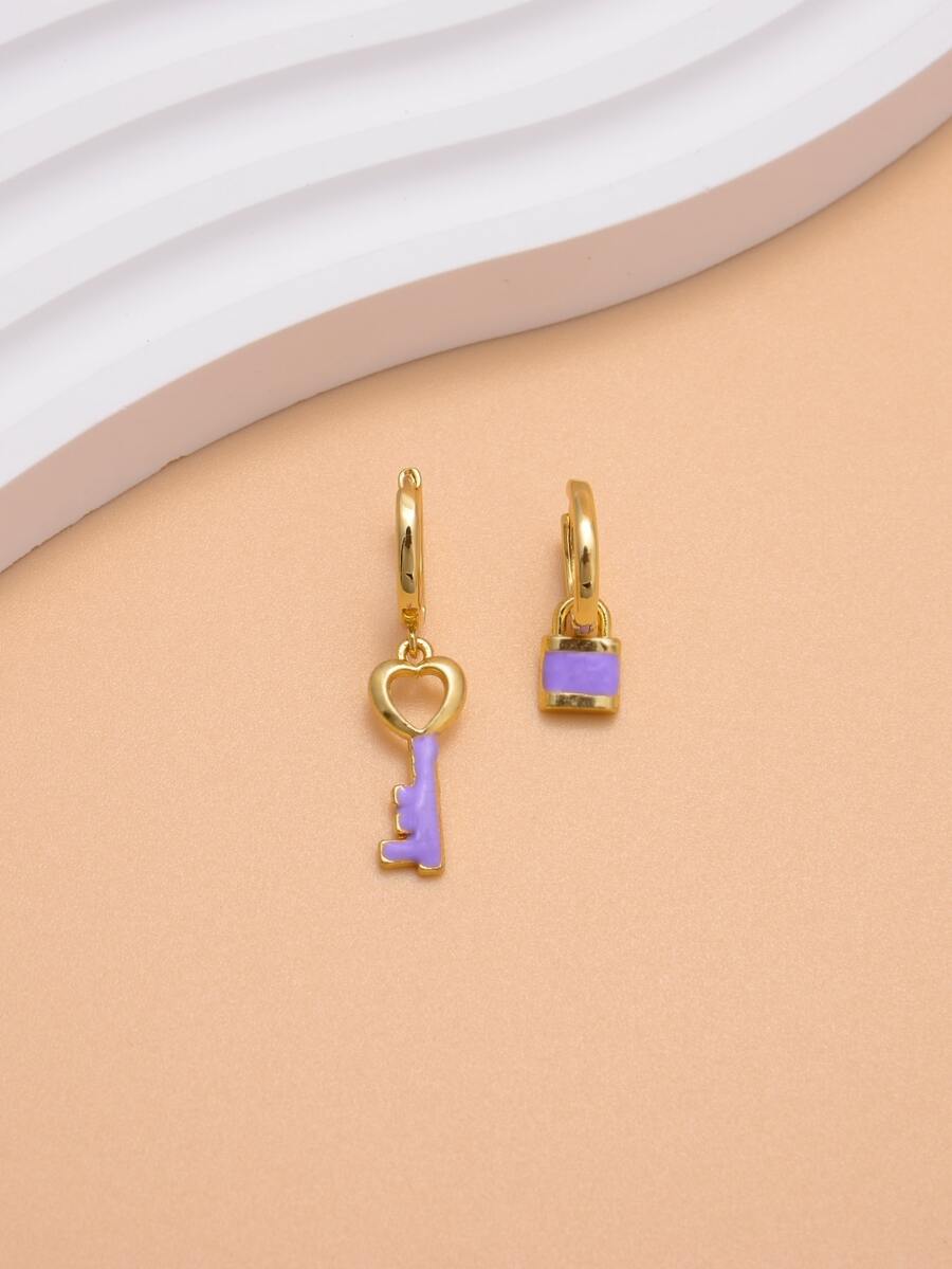 Key & Lock Drop Earrings - Purple - View 1