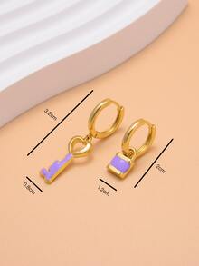 Key & Lock Drop Earrings - Purple - View 6