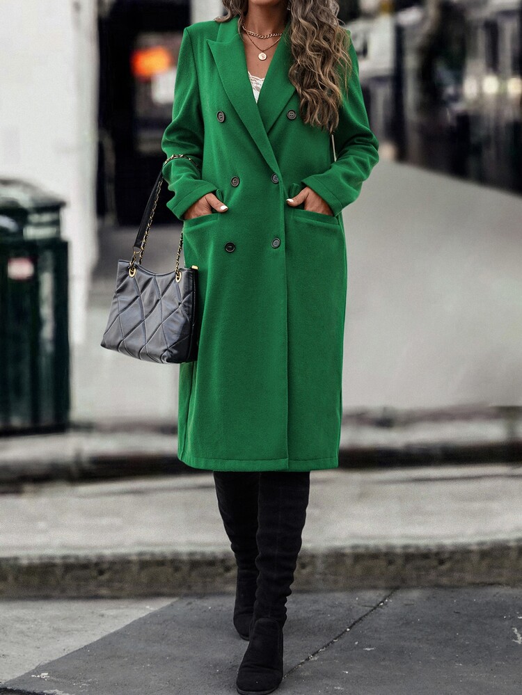SHEIN LUNE Lapel Collar Double Breasted Overcoat - Green - View 6