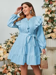 Simplee Plus Tie Neck Eyelet Embroidery Ruffle Trim Belted Dress - Baby Blue - View 1