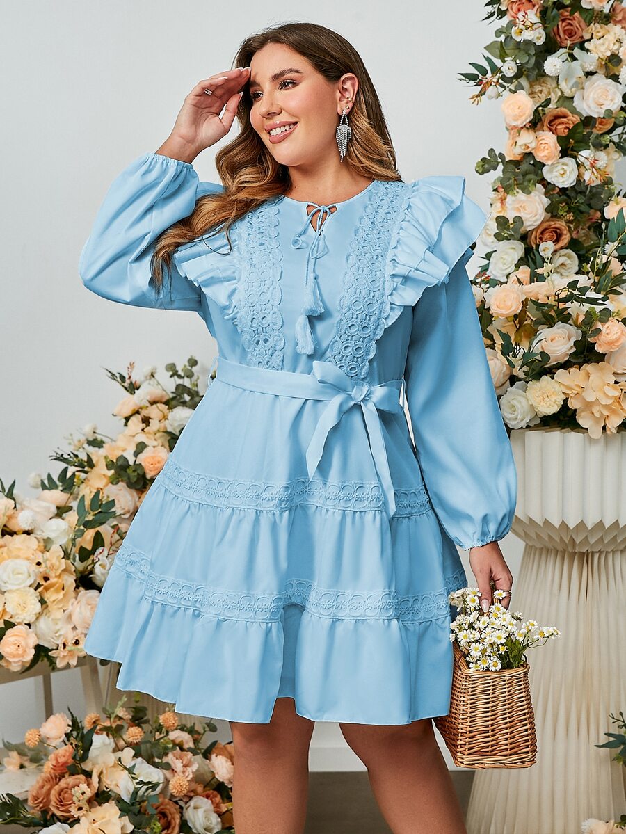 Simplee Plus Tie Neck Eyelet Embroidery Ruffle Trim Belted Dress - Baby Blue - View 1