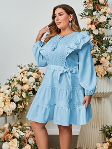 Simplee Plus Tie Neck Eyelet Embroidery Ruffle Trim Belted Dress - Baby Blue - View 3
