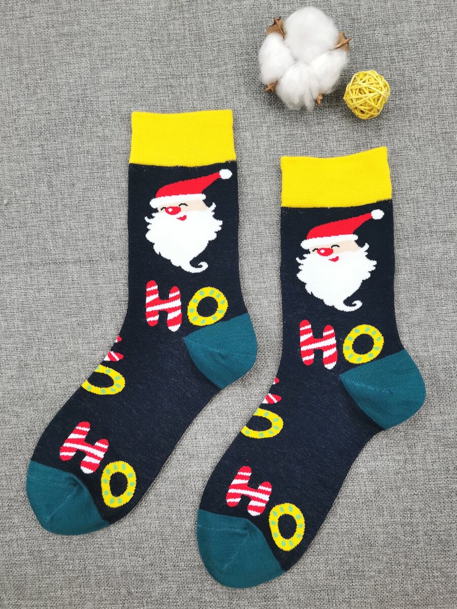 1 Par De Calcetines De Navidad De Santa Claus Sonriente Para Hombres - Azul Marino - Ver 1
