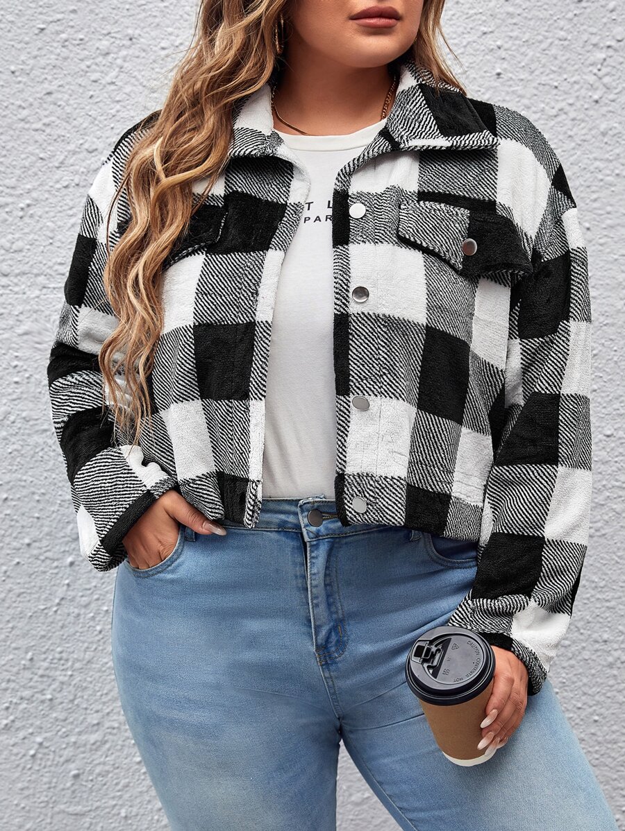 SHEIN LUNE Plus Buffalo Plaid Print Drop Shoulder Shacket Jacket - Black and White - View 1