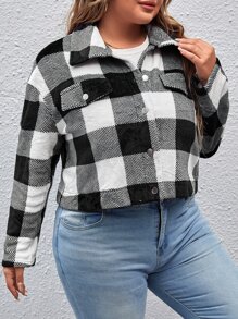 SHEIN LUNE Plus Buffalo Plaid Print Drop Shoulder Shacket Jacket - Black and White - View 3