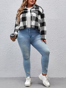 SHEIN LUNE Plus Buffalo Plaid Print Drop Shoulder Shacket Jacket - Black and White - View 4