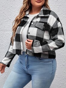 SHEIN LUNE Plus Buffalo Plaid Print Drop Shoulder Shacket Jacket - Black and White - View 5