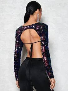 SHEIN BAE Christmas Tied Backless Sequin Crop Top - Multicolor - View 2