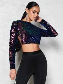 SHEIN BAE Christmas Tied Backless Sequin Crop Top - Multicolor - View 4